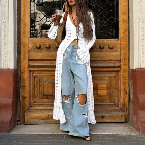 White Casual Women's Sexy V-Neck Long Sleeved Knitted Sun Girl Dress - Picture 5 of 10